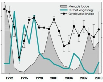 I mer enn 20 år fulgte forskere utviklingen i sjøfugl på Hornøya i Finnmark. Når de sammenlignet denne med utviklingen av loddebestanden i Barentshavet og vingesneglbestanden utenfor Newfoundland, så de at det er den siste som antakelig er klart viktigst. (Foto: (Figur fra SEAPOP))