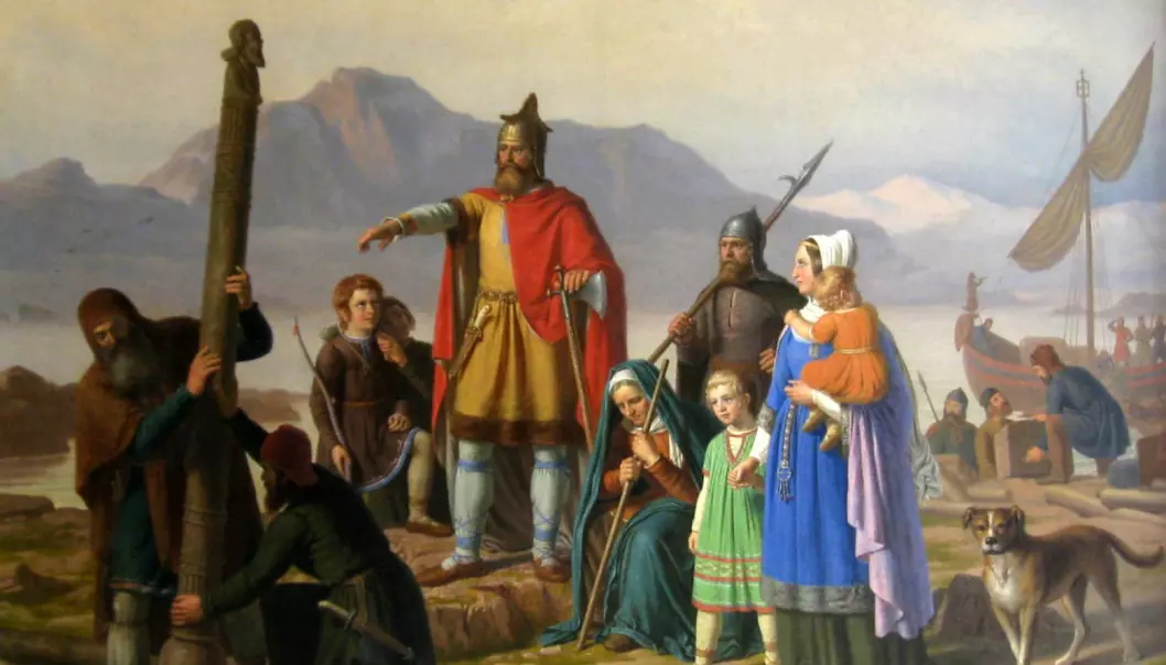 Bildet «Ingolf tar Island i besiddelse» av Johan Peter Raadsig (1850), viser den første norske landnåmsmannen på Island, Ingólfr Arnarson, som går i land i Reykjavík. Kanskje hadde barna hans fosterforeldre, slik mange av høvdingklassen gjerne hadde.  (Foto: NDLA)