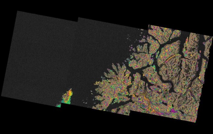 Miljøsatellitten Sentinel-1A kartlegger rasfare i Norge ved hjelp av radarbilder som ser høydeforskjeller og forskyvninger i bakken. (Foto: Copernicus/ESA/Norut/SEOM/Insarap) Miljøsatellitten Sentinel-1A kartlegger rasfare i Norge ved hjelp av radarbilder som ser høydeforskjeller og forskyvninger i bakken. (Foto: Copernicus/ESA/Norut/SEOM/Insarap)