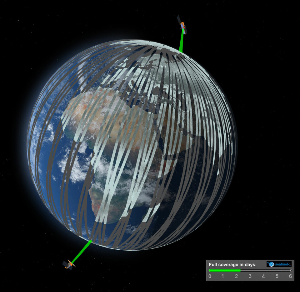 De europeiske radarsatellittene Sentinel-1A og Sentinel-1B vil gå 180 grader fra hverandre i den samme polare banen. De vil kunne dekke ethvert sted på jorda hver 6. dag. (Foto: ESA/ATG medialab)
