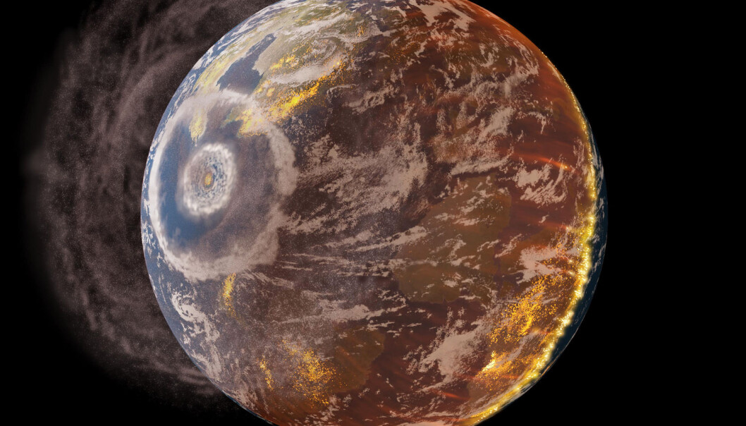 Sånn kan det ha sett ut da en stor komet eller asteroide slo ned i jorden for 66 millioner år siden. Det kalles Chicxulub-krateret, og forskere har funnet sporene etter nedslaget i det som nå er Mexico. (Bilde: Science Photo Library) Sånn kan det ha sett ut da en stor komet eller asteroide slo ned i jorden for 66 millioner år siden. Det kalles Chicxulub-krateret, og forskere har funnet sporene etter nedslaget i det som nå er Mexico. (Bilde: Science Photo Library)