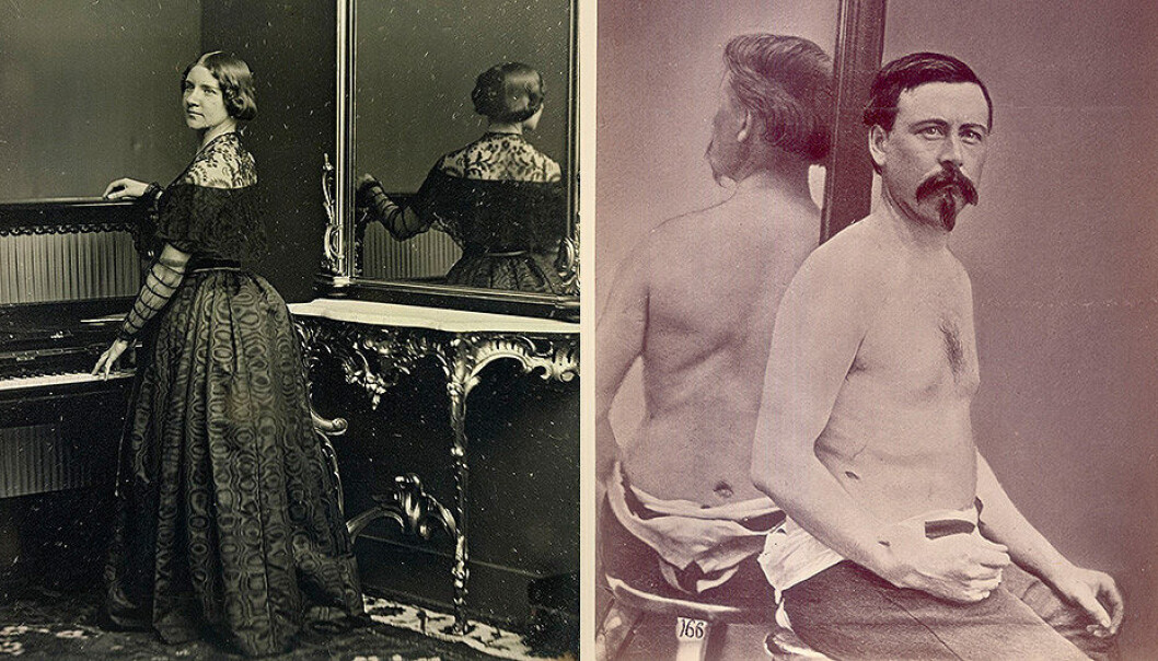 Til venstre: Et av de første portrettene som tok i bruk speil, av sopranen Jenny Lind fra 1848. (Foto: William Edward Kilburn, The Royal Collection Trust/Wikimedia Commons) Til høyre: Et av de tidlige kliniske fotografiene med speil, fra 1862. (Foto: Otis Historical Archives, National Museum of Health and Medicine) Til venstre: Et av de første portrettene som tok i bruk speil, av sopranen Jenny Lind fra 1848. (Foto: William Edward Kilburn, The Royal Collection Trust/Wikimedia Commons) Til høyre: Et av de tidlige kliniske fotografiene med speil, fra 1862. (Foto: Otis Historical Archives, National Museum of Health and Medicine)