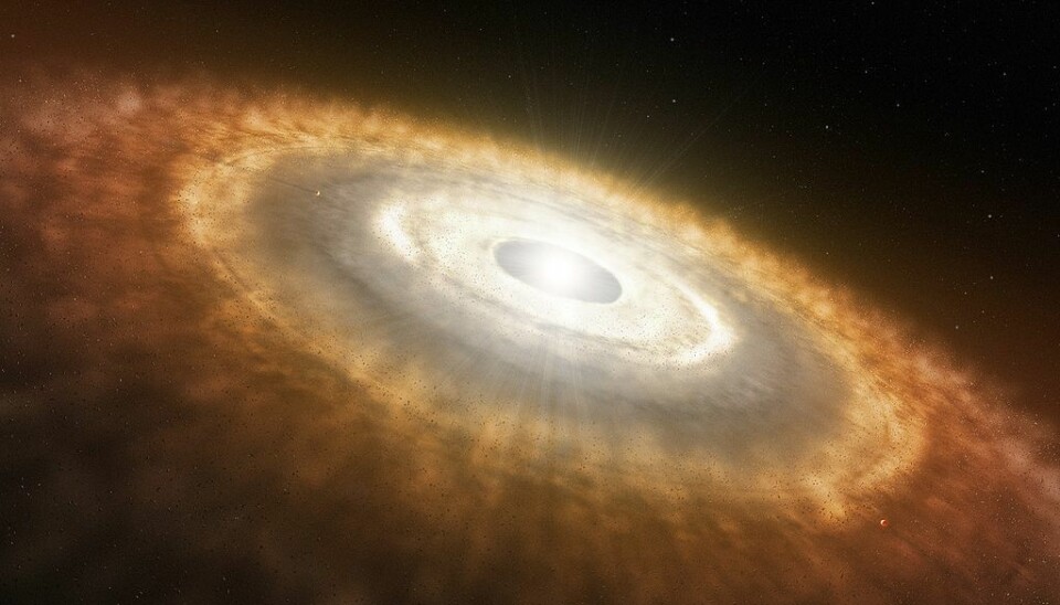 Sånn kan det ha sett ut i solsystemets spede begynnelse, da støv og is så smått begynte å danne planeter. Kan noen DNA-byggeklosser ha blitt til på denne tiden? (Bilde: ESP/L.Calcada/CC BY 4.0)