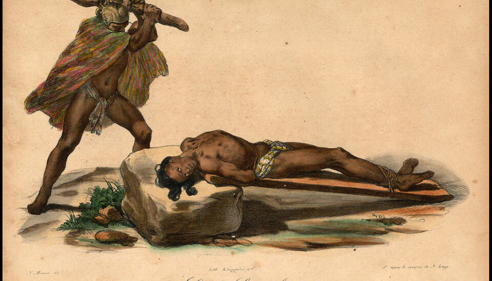 Tradisjonell menneskeofring på Hawaii. Her ble ofrene klubbet ihjel. Tegningen er fra slutten av 1810-årene, og er laget av den franske utforskeren Jacques Arago. (Bilde: Jacques Arago)