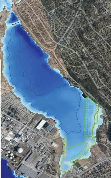 Registrerte naturtyper i Direktoratet for naturforvaltnings naturbase er vist i kartet som henholdsvis skravert rødt felt for bløtbunnsområde og skravert grønt felt for undervannsvegetasjon. (Foto: (Kart: Fra rapporten))