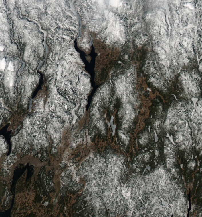 Isen synger på siste verset på mange innsjøer på Østlandet nå. (Bilde: NASA Aqua MODIS) Isen synger på siste verset på mange innsjøer på Østlandet nå. (Bilde: NASA Aqua MODIS)