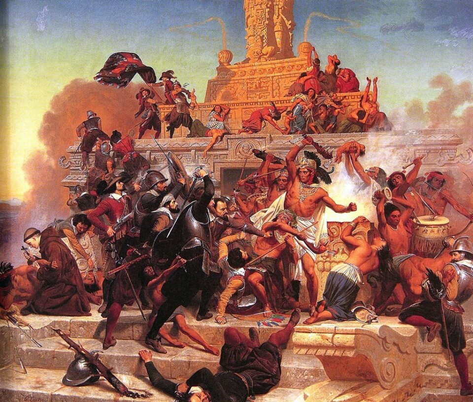 Maleri av spanjolenes kamp mot Aztekerne. Bildet er fra 1848. (Foto: (Storming of the Teocalli by Cortez and His Troops av Emanuel Leutze))