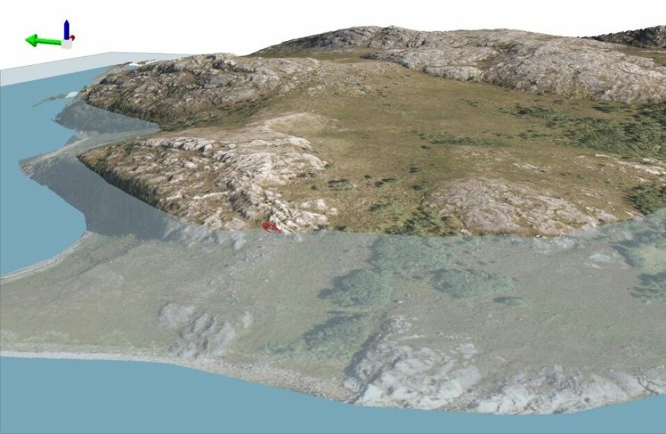 Modell som viser hvordan havnivå trolig var når helleristningene ble hugget i berget. Bergkunstfeltet lå ved sjøen. (Foto: (Modell: Erik Kjellman, Tromsø Museum – Universitetsmuseet))