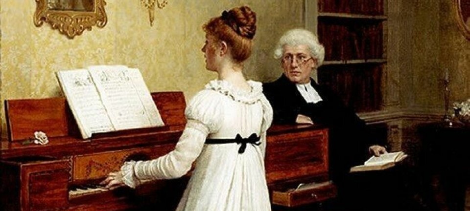 Normen om at unge dannede kvinner fra borgerskapet spilte piano bredde om seg i Europa på 1800-tallet. Maleriet The piano lesson er fra 1896, malt av britiske Edmund Blair Leighton. (Foto: Shutterstock, NTB scanpix)