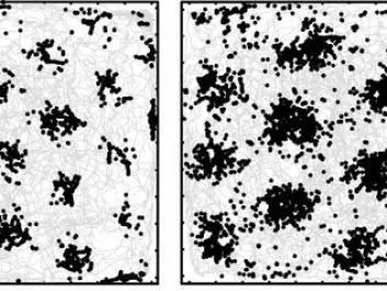 The entorhinal cortex is a part of the neocortex that represents space by way of brain cells that have GPS-like properties. Each cell describes the environment as a hexagonal grid mesh, earning them the name ‘grid cells’. The panels show a bird’s-eye view of a rat’s recorded movements (grey trace) in a 2.2x2.2 m box. Each panel shows the activity of one grid cell (black dots) with a particular map resolution as the animal moved through the environment. (the Kavli Institute)