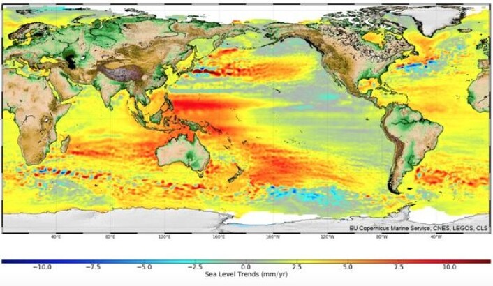 Lokal trend for havnivået gjennom de årene som altimetersatellittene har målt. (Bilde: EU Copernicus Marine Service, CNES, LEGOS, CLS) Lokal trend for havnivået gjennom de årene som altimetersatellittene har målt. (Bilde: EU Copernicus Marine Service, CNES, LEGOS, CLS)