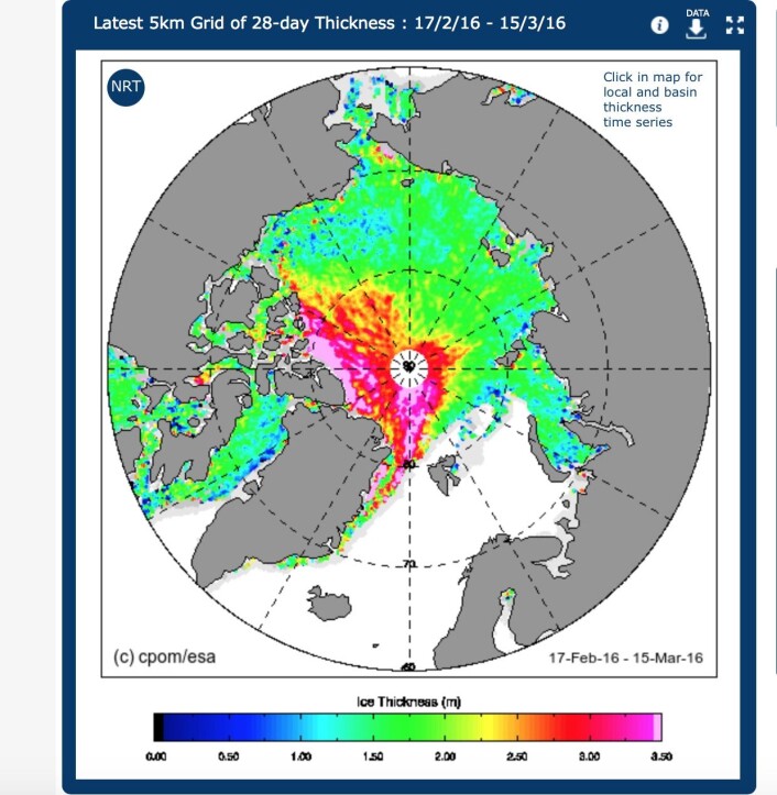 Store variasjoner i istykkelsen i Polhavet, her målt med radar-høydemåler fra ESAs CryoSat. (Bilde: CPOM/ESA) Store variasjoner i istykkelsen i Polhavet, her målt med radar-høydemåler fra ESAs CryoSat. (Bilde: CPOM/ESA)