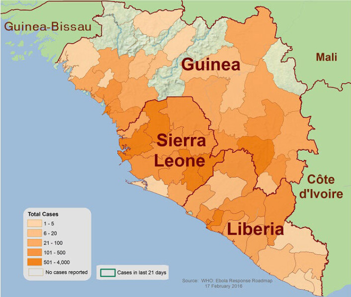 Antall sykdomstilfelle av ebola den 17. desember 2015. (Foto: (Figur: Centers for Disease Control and Prevention)) Antall sykdomstilfelle av ebola den 17. desember 2015. (Foto: (Figur: Centers for Disease Control and Prevention))