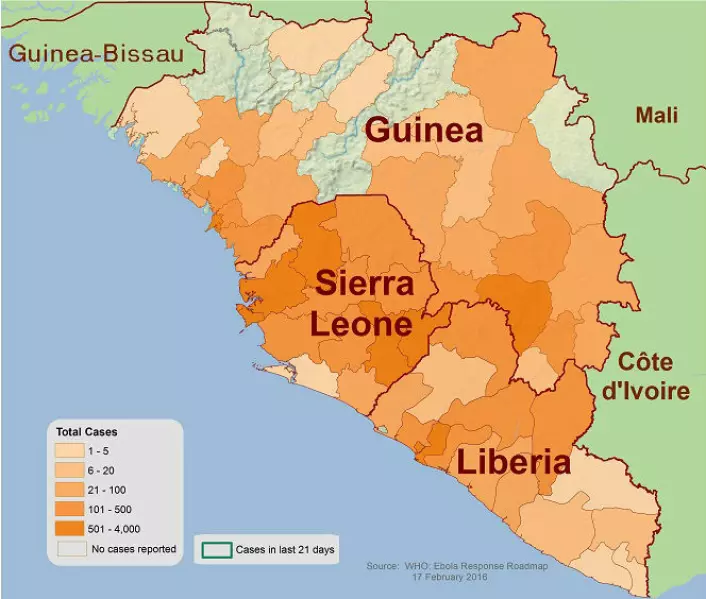 Antall sykdomstilfelle av ebola den 17. desember 2015. (Foto: (Figur: Centers for Disease Control and Prevention))