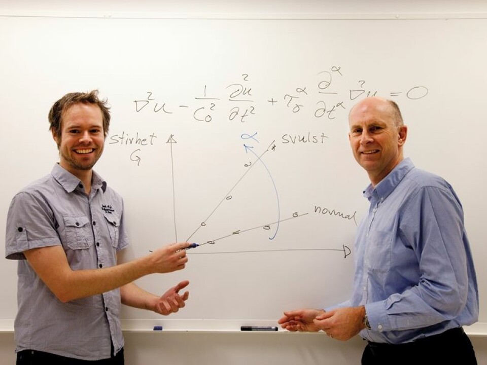 'Wave velocity in ultrasound measurements increases the more dangerous the tumour is', explains Professor Sverre Holm (right) and Postdoctoral Fellow Peter Näsholm in the Department of Informatics at UiO. (Photo: Yngve Vogt)