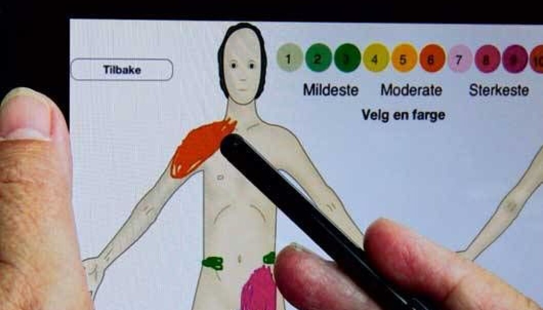 It's not always easy to describe pain, neither extent or location. The tablet makes registration easier and more precise. (Photo: Mentz Indergaard / NTNU) It's not always easy to describe pain, neither extent or location. The tablet makes registration easier and more precise. (Photo: Mentz Indergaard / NTNU)