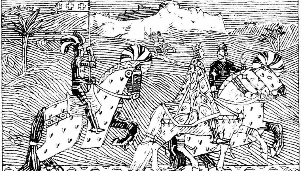 Sigurd I Magnusson rir sammen med kong Balduin I av Jerusalem i rundt 1110. (Bilde: Snorre Sturlaśon - Heimskringla, J.M. Stenersen & Co, 1899)