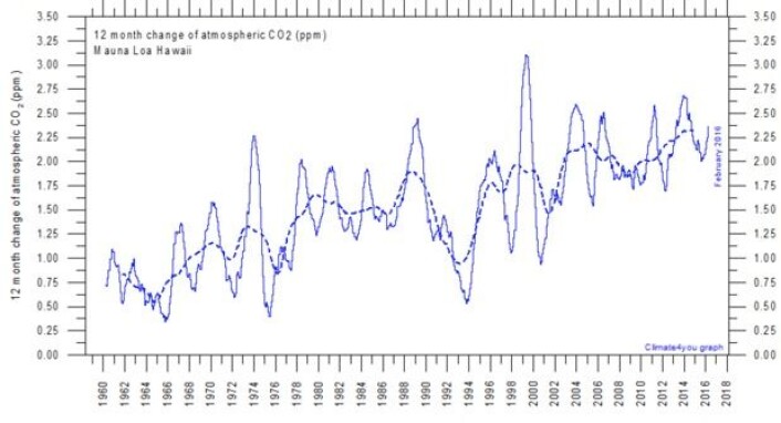 12-måneders endringen i atmosfærens CO2-innhold. (Bilde: Climate4you) 12-måneders endringen i atmosfærens CO2-innhold. (Bilde: Climate4you)