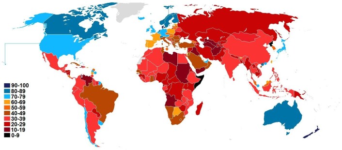 Kartet viser korrupsjon i verden i 2014, ifølge kriterier satt opp av Transparency International. Forskerne bak studien i Nature har laget sitt eget måltall for graden av uærlighet i et samfunn, bygget på tall for korrupsjon fra Verdensbanken, politiske rettigheter fra den amerikanske offentlig støttede ikke-statlige organisasjonen Freedom House og landets svarte skyggeøkonomi som et mål på skattesnusk. (Foto: (Figur: Ruben.2196/Creative Commons Attribution-Share Alike 4.0 International license.)) Kartet viser korrupsjon i verden i 2014, ifølge kriterier satt opp av Transparency International. Forskerne bak studien i Nature har laget sitt eget måltall for graden av uærlighet i et samfunn, bygget på tall for korrupsjon fra Verdensbanken, politiske rettigheter fra den amerikanske offentlig støttede ikke-statlige organisasjonen Freedom House og landets svarte skyggeøkonomi som et mål på skattesnusk. (Foto: (Figur: Ruben.2196/Creative Commons Attribution-Share Alike 4.0 International license.))