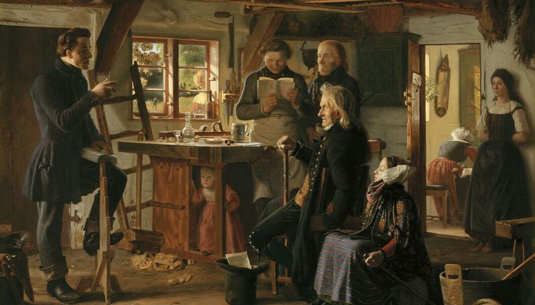 Slik har den danske maleren Christen Dalsgaard (1824–1907) gjengitt en mormonmisjonær på den danske landsbygda. «Mormoner på besøk hos en tømrer på landet», olje på lerret, 1856. (Maleri: Christen Dalsgaard, Statens Museum for Kunst) Slik har den danske maleren Christen Dalsgaard (1824–1907) gjengitt en mormonmisjonær på den danske landsbygda. «Mormoner på besøk hos en tømrer på landet», olje på lerret, 1856. (Maleri: Christen Dalsgaard, Statens Museum for Kunst)