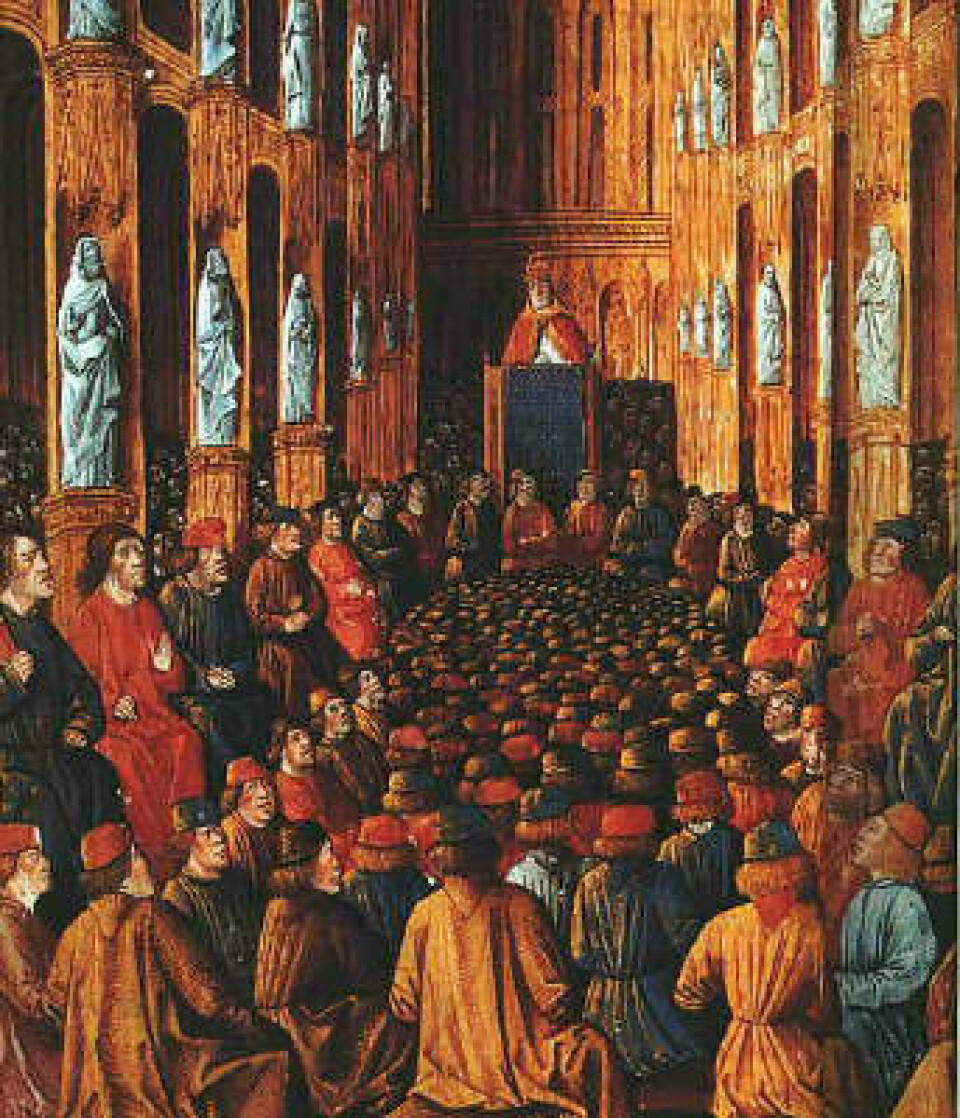 Kirkekonsilet i Clermont i 1095, hvor pave Urban II satte i gang korstogene. (Foto: (Bilde: Bibliothèque Nationale))