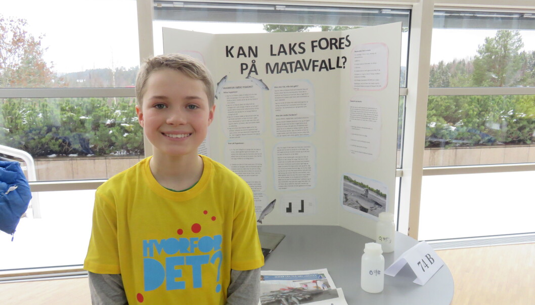 Lars Bjergene i sjuende klasse på Kolbotn skole testet ut om lakseyngel kunne leve av matavfall - i dette tilfellet makrell. (Foto: Nora Heyerdahl) Lars Bjergene i sjuende klasse på Kolbotn skole testet ut om lakseyngel kunne leve av matavfall - i dette tilfellet makrell. (Foto: Nora Heyerdahl)