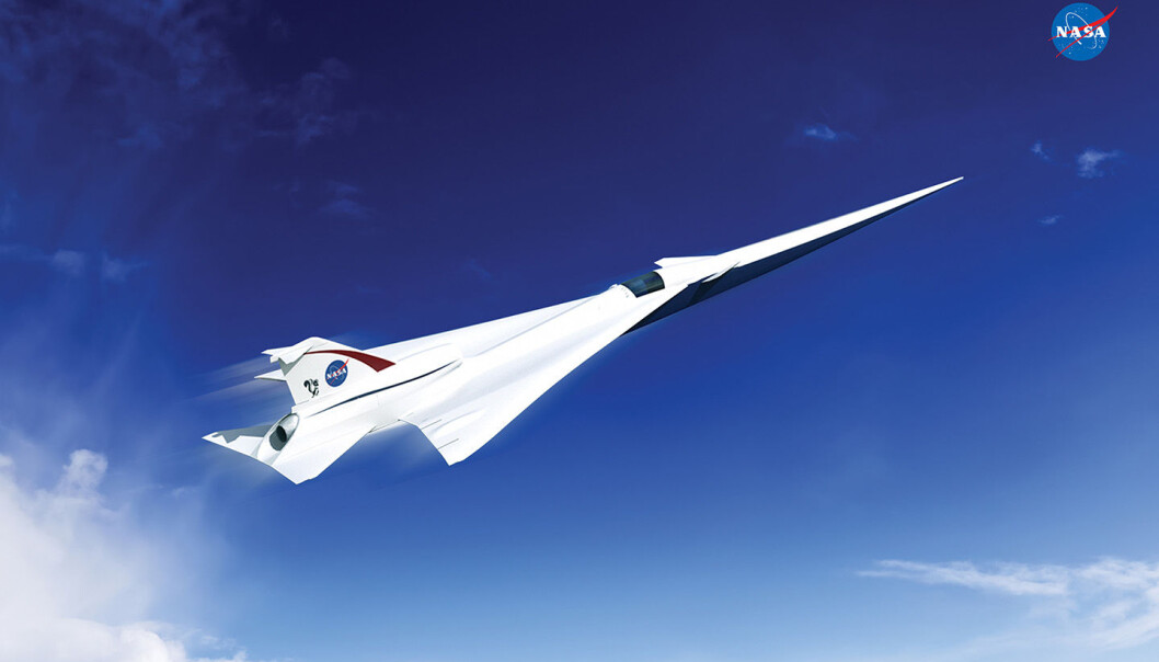 Et mer stillegående overlydsfly av typen Low Boom Flight Demonstration Quiet Supersonic Transport (QueSST), slik tegneren tenker seg det. En lang nese er en viktig detalj for å trekke ut overlydssmellet i tid, slik at det blir mindre sjokkartet. Også tidligere forsøk med jagerfly har brukt en slik lang nese for å gjøre overlydssmellet mindre plagsomt. (Illustrasjon: Lockheed Martin) Et mer stillegående overlydsfly av typen Low Boom Flight Demonstration Quiet Supersonic Transport (QueSST), slik tegneren tenker seg det. En lang nese er en viktig detalj for å trekke ut overlydssmellet i tid, slik at det blir mindre sjokkartet. Også tidligere forsøk med jagerfly har brukt en slik lang nese for å gjøre overlydssmellet mindre plagsomt. (Illustrasjon: Lockheed Martin)