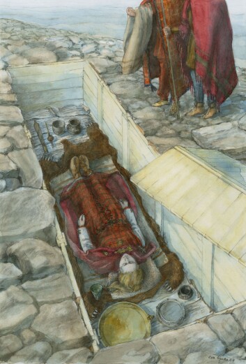 Slik kan det ha sett ut når en jernalderkvinne ble gravlagt med smykkene på, i Klepp i Rogaland. (Foto: (Tegning: Eva Gjerde, Arkeologisk museum, UiS)) Slik kan det ha sett ut når en jernalderkvinne ble gravlagt med smykkene på, i Klepp i Rogaland. (Foto: (Tegning: Eva Gjerde, Arkeologisk museum, UiS))