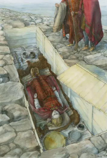 Slik kan det ha sett ut når en jernalderkvinne ble gravlagt med smykkene på, i Klepp i Rogaland. (Foto: (Tegning: Eva Gjerde, Arkeologisk museum, UiS))