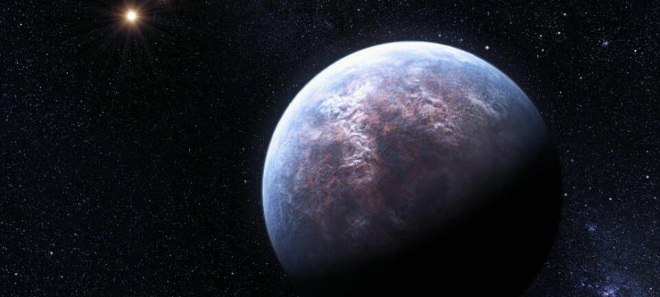 En eksoplanet rundt trippelstjernen Gliese 667 C. Her har kunstneren valgt å framstille planeten som jordlignende. Dette er bare en av mange eksoplaneter som potensielt kan ligne på jorden. (Illustrasjon: ESO/L. Calçada)