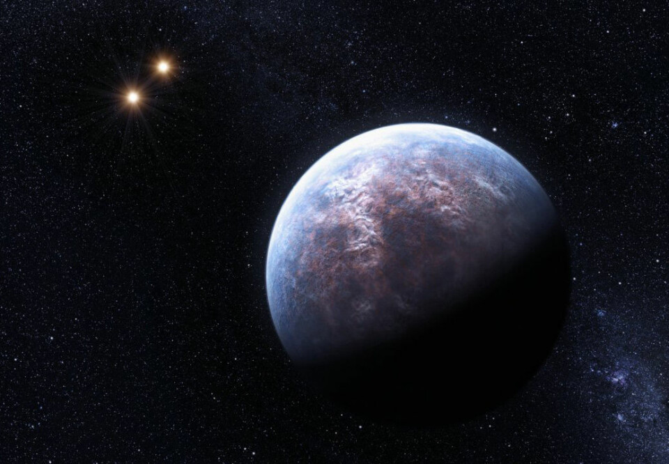 High Accuracy Radial Velocity Planet Searcher (HARPS), i ESO’s 3,6-meters telescope, har funnet hele 32 eksoplaneter. En av dem kretser rundt stjernen Gliese 667 C, som hører til i et system med tre soler. Planeten har seks ganger massen til jorda, og subber lavt over stjernen sin - bare 1/20 av avstanden mellom jorda og sola. Det er funnet mer enn 500 eksoplaneter totalt. (Illustrasjon: ESO/L. Calçada) (Foto: (Illustrasjon: ESO/L. Calçada))