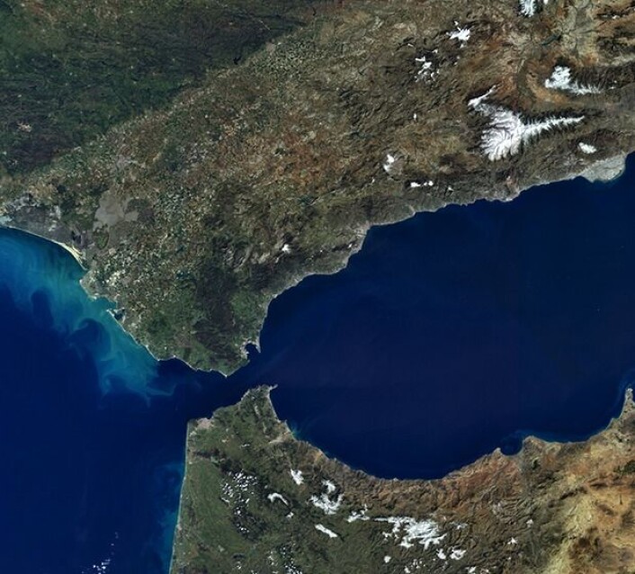 Gibraltar-stredet sett fra Sentinel-3A etter lunsj 1. mars 2016. (Bilde: Copernicus Sentinel data 2016) Gibraltar-stredet sett fra Sentinel-3A etter lunsj 1. mars 2016. (Bilde: Copernicus Sentinel data 2016)