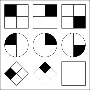 Eksempel på figur fra IQ-test. Denne figuren kalles Ravens matrise. Oppgaven går ut på å lage den neste figuren i hver linje, ut fra hvordan figurene forandrer seg fra venstre mot høyre. (Foto: (Figur: Life of Riley, Creative Commons Attribution-Share Alike 3.0 Unported licence)) Eksempel på figur fra IQ-test. Denne figuren kalles Ravens matrise. Oppgaven går ut på å lage den neste figuren i hver linje, ut fra hvordan figurene forandrer seg fra venstre mot høyre. (Foto: (Figur: Life of Riley, Creative Commons Attribution-Share Alike 3.0 Unported licence))