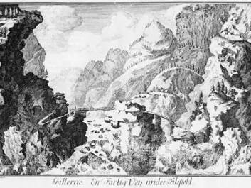 In the 1700s the Norwegian landscape was considered wild and dangerous. This drawing, entitled At Galdane – A dangerous road under Filefjell, appeared in Erich Pontoppidan’s Natural History of Norway (Copenhagen, 1752/53). (Photo: Arthur Sand)