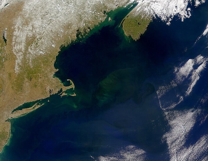 Georges Bank utenfor den amerikanske og kanadiske østkysten. Selve Georges Bank er den store undervannsformasjonen som du ser midt i bildet. (Foto: NASA) Georges Bank utenfor den amerikanske og kanadiske østkysten. Selve Georges Bank er den store undervannsformasjonen som du ser midt i bildet. (Foto: NASA)