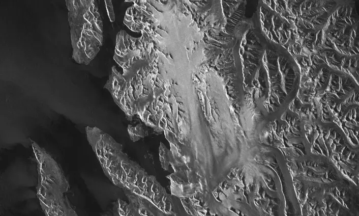 Radarbilde over Ny Ålesund på Spitsbergen, tatt fra Sentinel-1. De øvre delene av isbreen er hvite fordi radarsignalet trenger inn i snøen og reflekteres fra de mange krystallene nedover i det dype snølaget. Noen lavere deler av breen er også hvite fordi bresprekker reflekterer mer stråling tilbake enn glatt is. De lysere områdene på sjøen skyldes bølger. Gråtonene forteller om bølgehøyden og dermed indirekte vindstyrken. (Foto: Andreas Kääb/ESA)