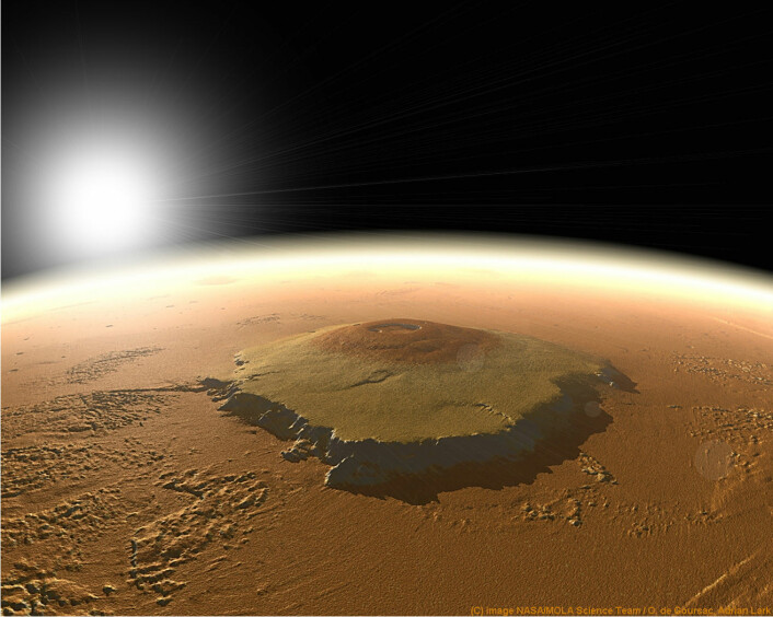 Simulert bilde av Olympus Mons. Vulkanen er 22 kilometer høy. (Foto: (Bilde: NASA/MOLA Science Team/ O. de Goursac, Adrian Lark))