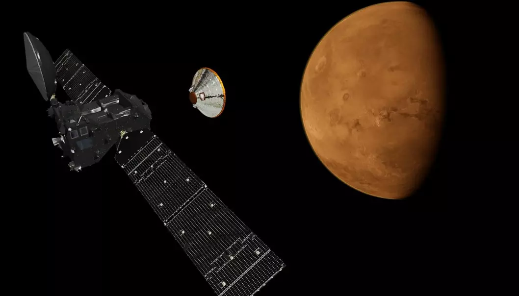 ExoMars Trace Gas Orbiter skal snuse på sporgassene i Mars-atmosfæren, som metan som kan skyldes biologisk aktivitet. Romsonden skytes opp denne måneden. (Illustrasjon: ESA/ATG medialab)