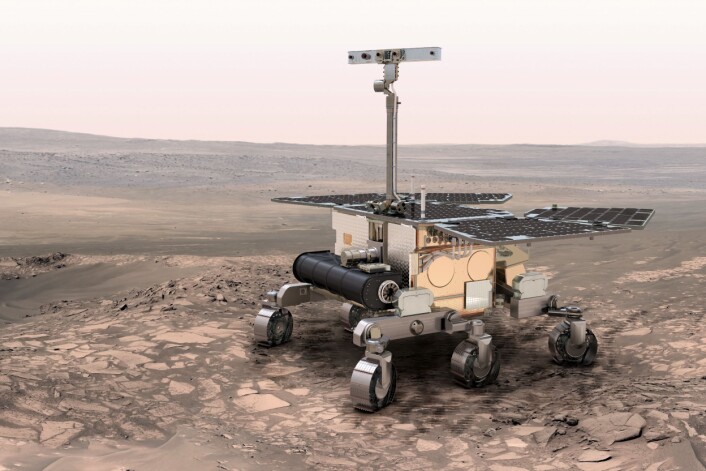 Roveren til ExoMars skal lete etter vann og liv på Mars ved hjelp av blant annet en norsk-designet georadar. (Foto: (Illustrasjon: ESA)) Roveren til ExoMars skal lete etter vann og liv på Mars ved hjelp av blant annet en norsk-designet georadar. (Foto: (Illustrasjon: ESA))