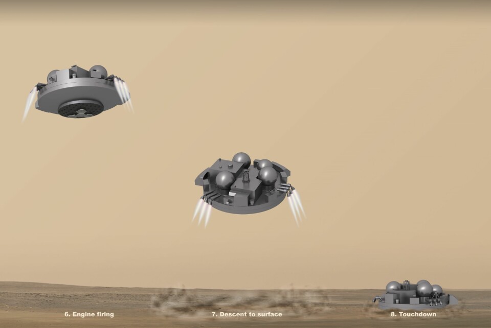 Slik skal Schiaparelli, ExoMars 2016 sin testmodul for roverlanding, lande i Oxia Planum på vår røde naboplanet. (Foto: (Illustrasjon: ESA/ATG medialab))