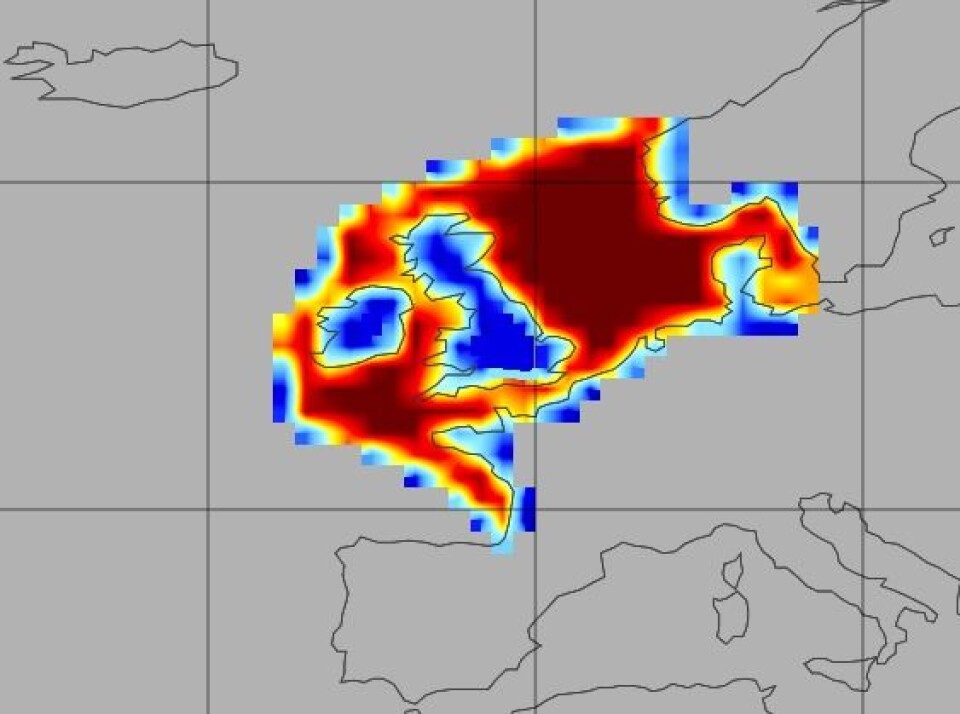 Opptak av CO2 i havet utenfor Nord-Europa. Dette havområdet tar opp 24 millioner tonn CO2 hvert år, men opptaket bidrar også til å gjøre havet surere. (Foto: Universitetet i Exeter)