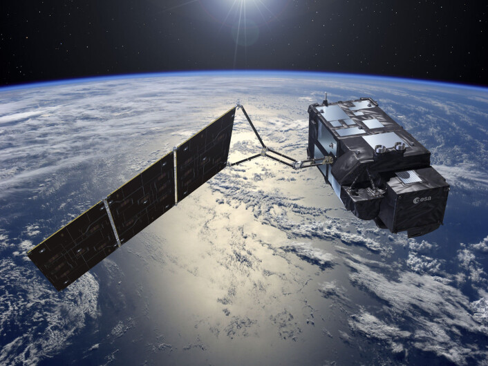 Sentinel-3 er havsatellitten. Den har lavere oppløsning, men sveiper over større havområder med kortere mellomrom enn Sentinel-2. Det er viktig for at forskerne skal kunne følge med på havstrømmer og forurensing i havet. (Foto: (Illustrasjon: ESA–Pierre Carril)) Sentinel-3 er havsatellitten. Den har lavere oppløsning, men sveiper over større havområder med kortere mellomrom enn Sentinel-2. Det er viktig for at forskerne skal kunne følge med på havstrømmer og forurensing i havet. (Foto: (Illustrasjon: ESA–Pierre Carril))
