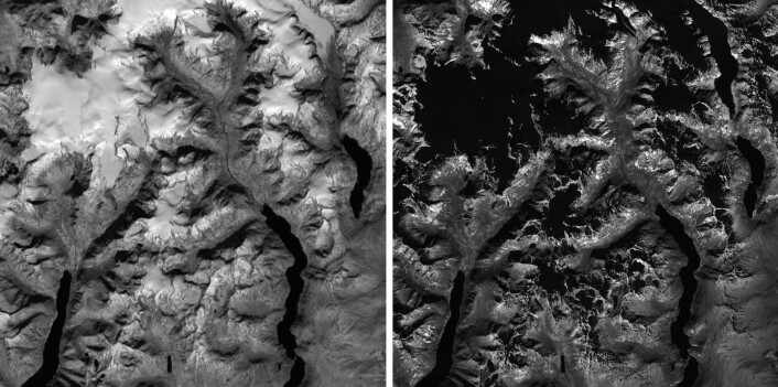 I bildet til høyre er snøen mørk, sett i infrarødt lys. Bildet er tatt over Norge med Sentinel-2A. (Foto: Copernicus, ESA/Andreas Kääb) I bildet til høyre er snøen mørk, sett i infrarødt lys. Bildet er tatt over Norge med Sentinel-2A. (Foto: Copernicus, ESA/Andreas Kääb)