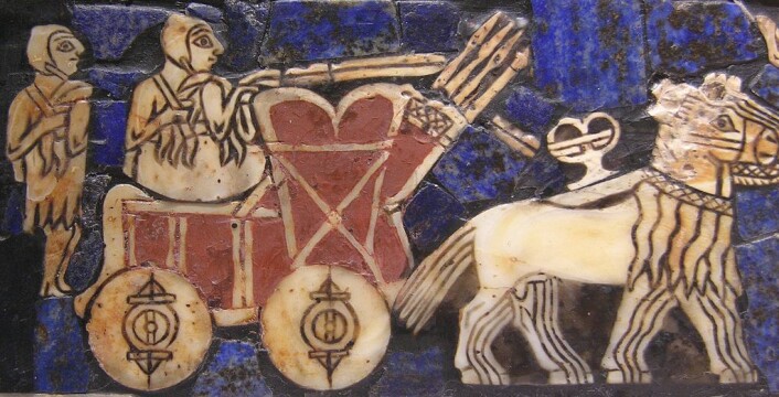 En sumerisk vogn på en tavle fra oldtidsbyen Ur, som lå ved dagens Baghdad i Irak. Denne tavlen er rundt 4500 år gammel. (foto: Offentlig eiendom) En sumerisk vogn på en tavle fra oldtidsbyen Ur, som lå ved dagens Baghdad i Irak. Denne tavlen er rundt 4500 år gammel. (foto: Offentlig eiendom)