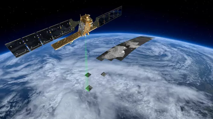 Sentinel-1 er utstyrt med en radar. Radarbølger går gjennom skyer. Bildene til gjengjeld mindre skarpe enn fra kameraer som ser synlig lys. (Foto: (Illustrasjon: ESA/ATG medialab))