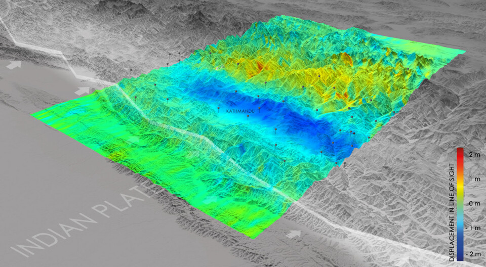 Etter det voldsomme jordskjelvet i Nepal 25. april 2015 målte radaren til Sentinel-1A hvordan bakken hadde forskjøvet seg loddrett. Fargenøkkelen til høyre viser hvor store forskyvningene var. Rødt er to meter opp, blått er to meter ned. (Foto: (Bilde: ESA/DLR))