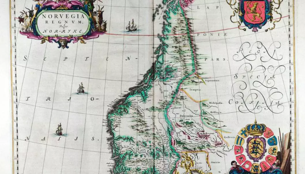 Det første kartet som bare omfatter Norge er tegnet av nederlenderen Johannes Blaeu (1596–1673). Kartet er utgitt i Amsterdam i 1662. Da hadde varianter av navnet Norge vært brukt i århundrer. (Faksimile: Universitetsbiblioteket i Bergen)