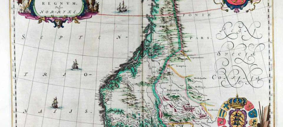 Det første kartet som bare omfatter Norge er tegnet av nederlenderen Johannes Blaeu (1596–1673). Kartet er utgitt i Amsterdam i 1662. Da hadde varianter av navnet Norge vært brukt i århundrer. (Faksimile: Universitetsbiblioteket i Bergen)