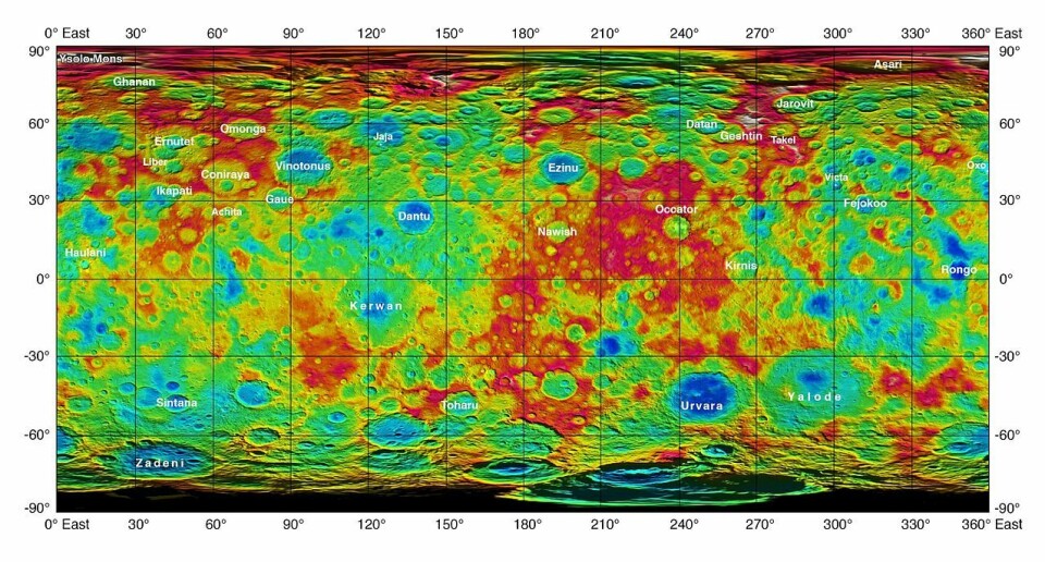 Dette kartet over Ceres ble laget på bakgrunn av data fra romsonden Dawn og offentliggjort 30. september 2015. Dyptliggende områder er blå, grønt og gult er mellomnivåer og de høyeste områdene er røde. (Foto: (Bilde: NASA/JPL-Caltech/UCLA/MPS/DLR/IDA))