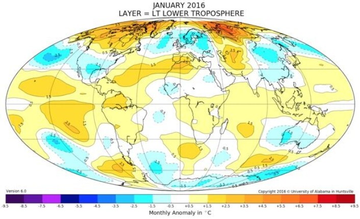 Satellittmålt temperatur-anomali i nedre troposfære i januar 2016. (Bilde: University of Alabama Huntsville) Satellittmålt temperatur-anomali i nedre troposfære i januar 2016. (Bilde: University of Alabama Huntsville)